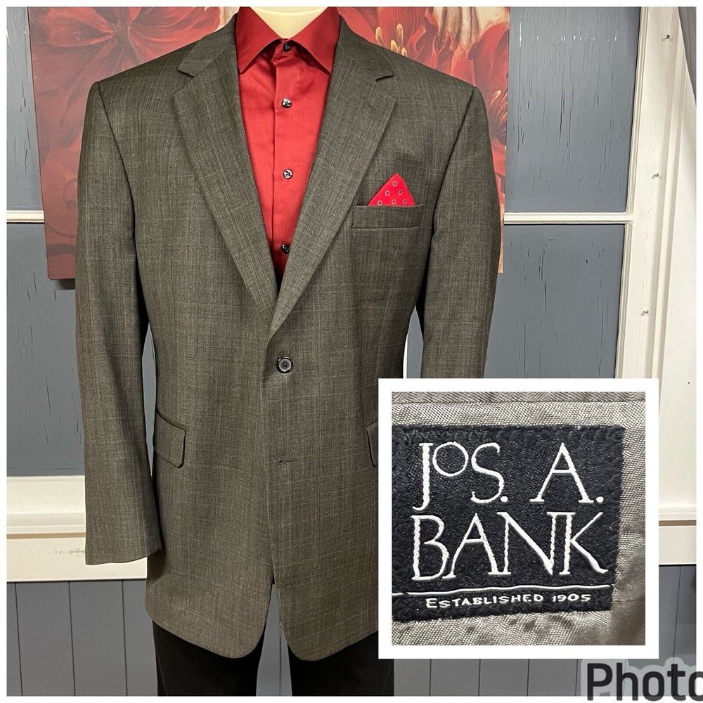 Vintage Jos A Bank Suit Jacket Blazer Sport‎ Coat Mens 46R Plaid Wool Cashmere